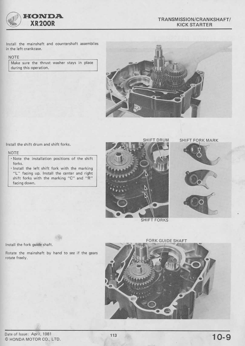 Technical diagram and instructions for Honda XR200R transmission and crankshaft assembly.