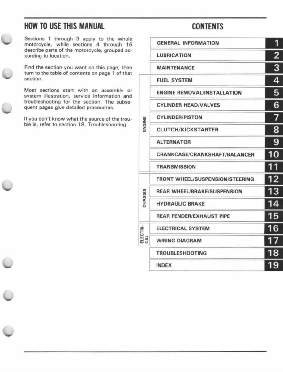 Table of contents for a motorcycle service manual on a white background