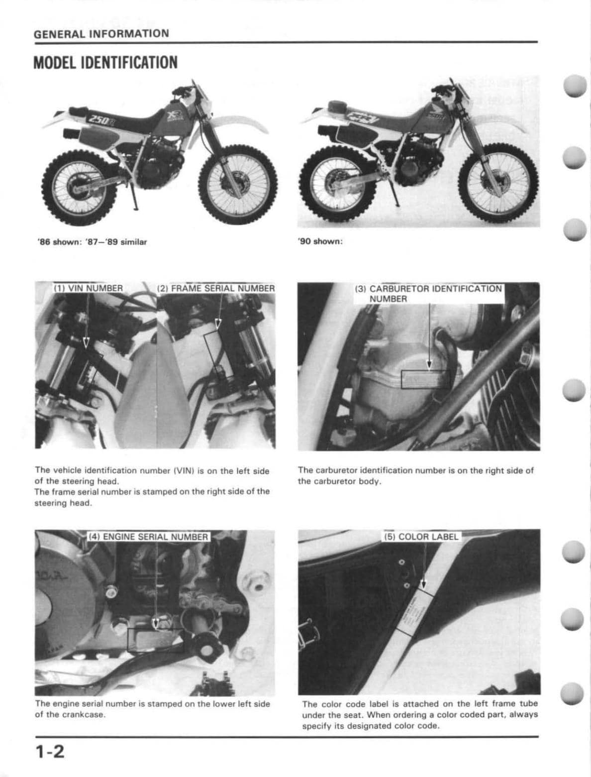 Technical manual page with illustrations and text on model identification of a motorcycle.