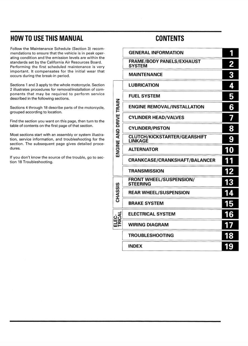 Table of contents for a vehicle maintenance manual on a white background