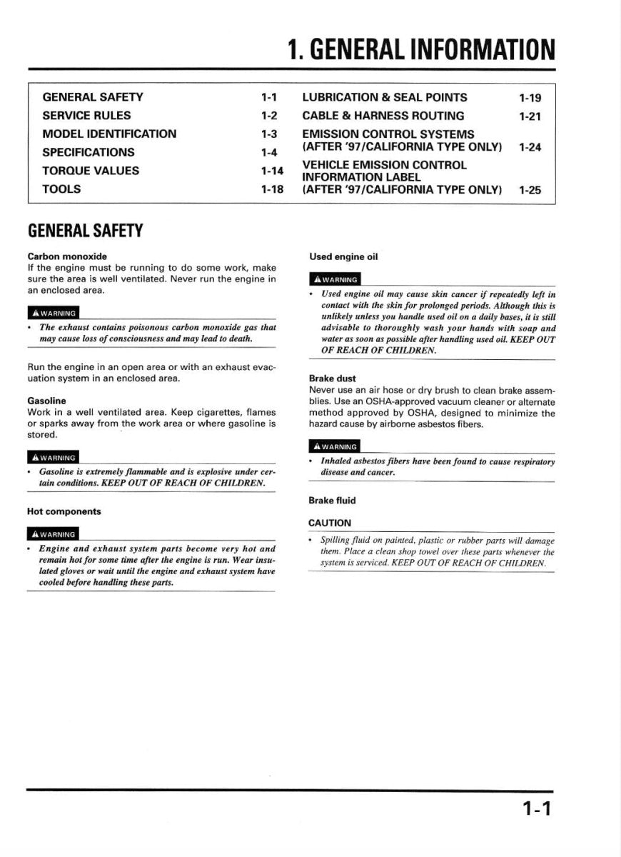 Technical manual page with general safety information and specifications on a white background