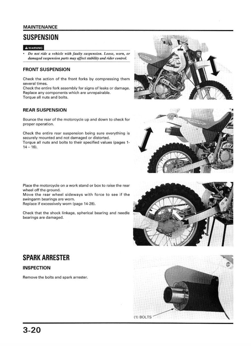 Maintenance instructions for a motorcycle, including suspension and spark arrester checks.
