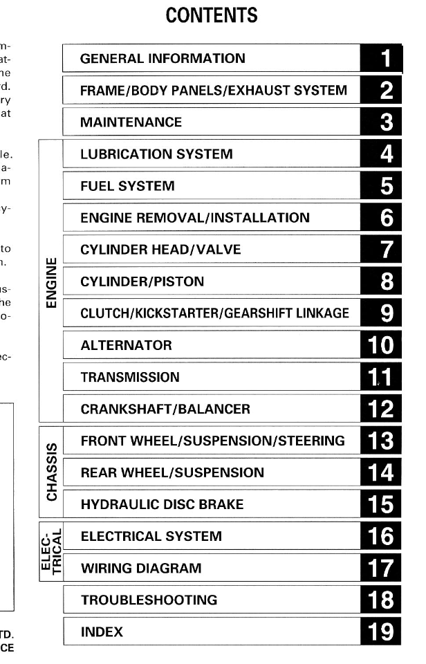Table of contents for a vehicle maintenance manual with chapter headings.