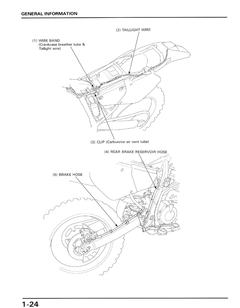 Technical diagram of a motorcycle with labeled parts on a white background