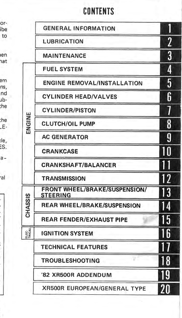 Table of contents for a technical manual on a white background