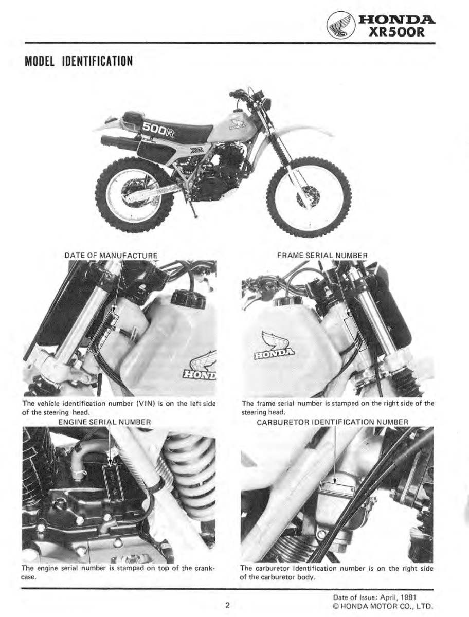 Technical diagram of a Honda XR500R motorcycle with model identification details.