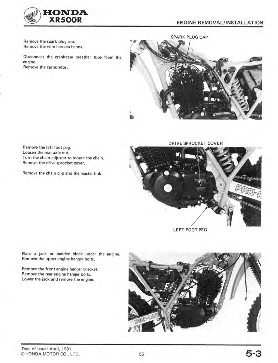 Honda XR500R engine removal/installation manual page with step-by-step instructions and diagrams.