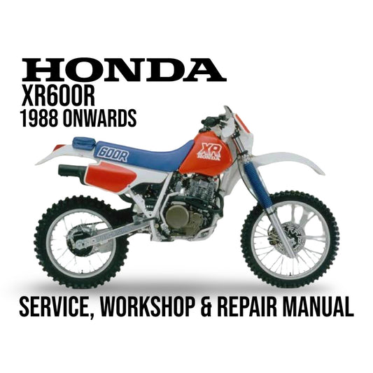 Honda XR600R motorcycle on a white background with text about service, workshop, and repair manual.