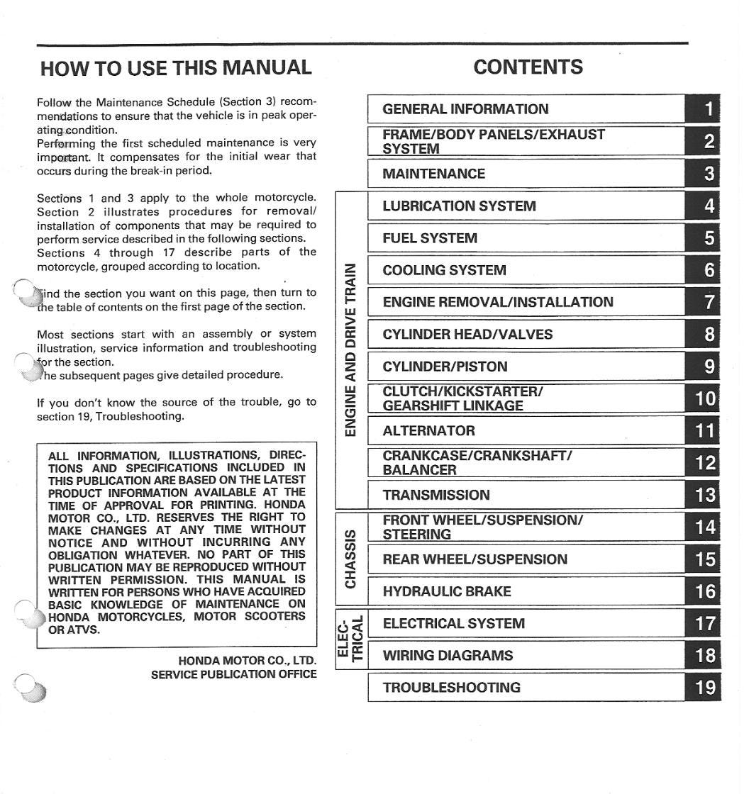Table of contents for a motorcycle maintenance manual with sections listed.