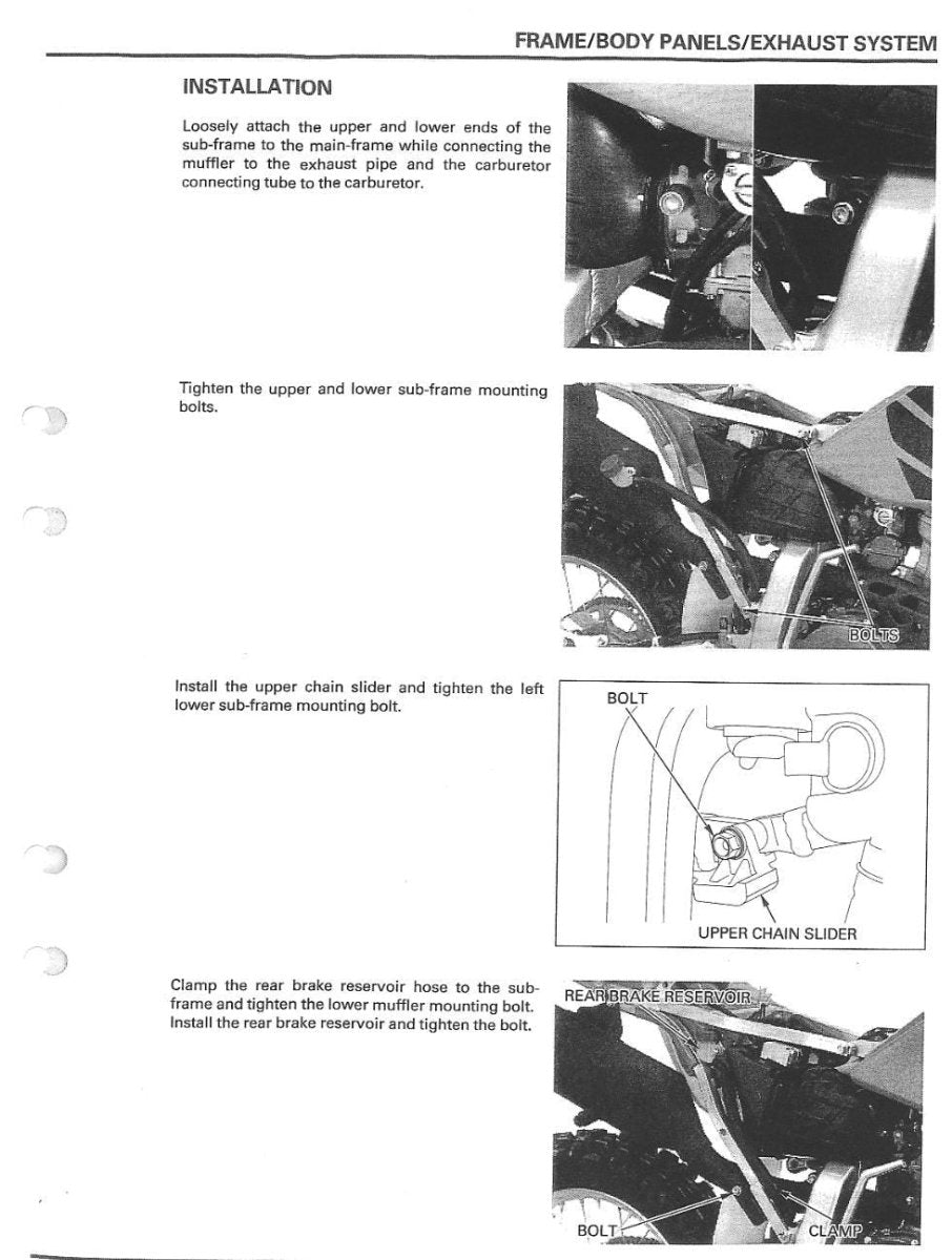 Instructions for installing frame/body panels/exhaust system with text and diagrams on a white background.