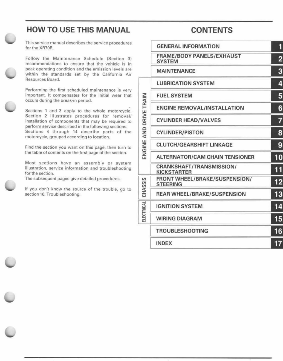 Table of contents for a automotive service manual on a white background