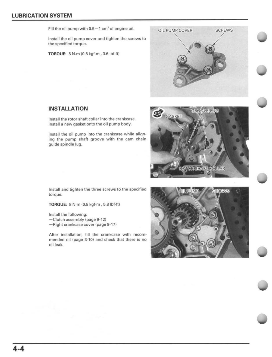 Technical manual page with lubrication system instructions and diagrams.
