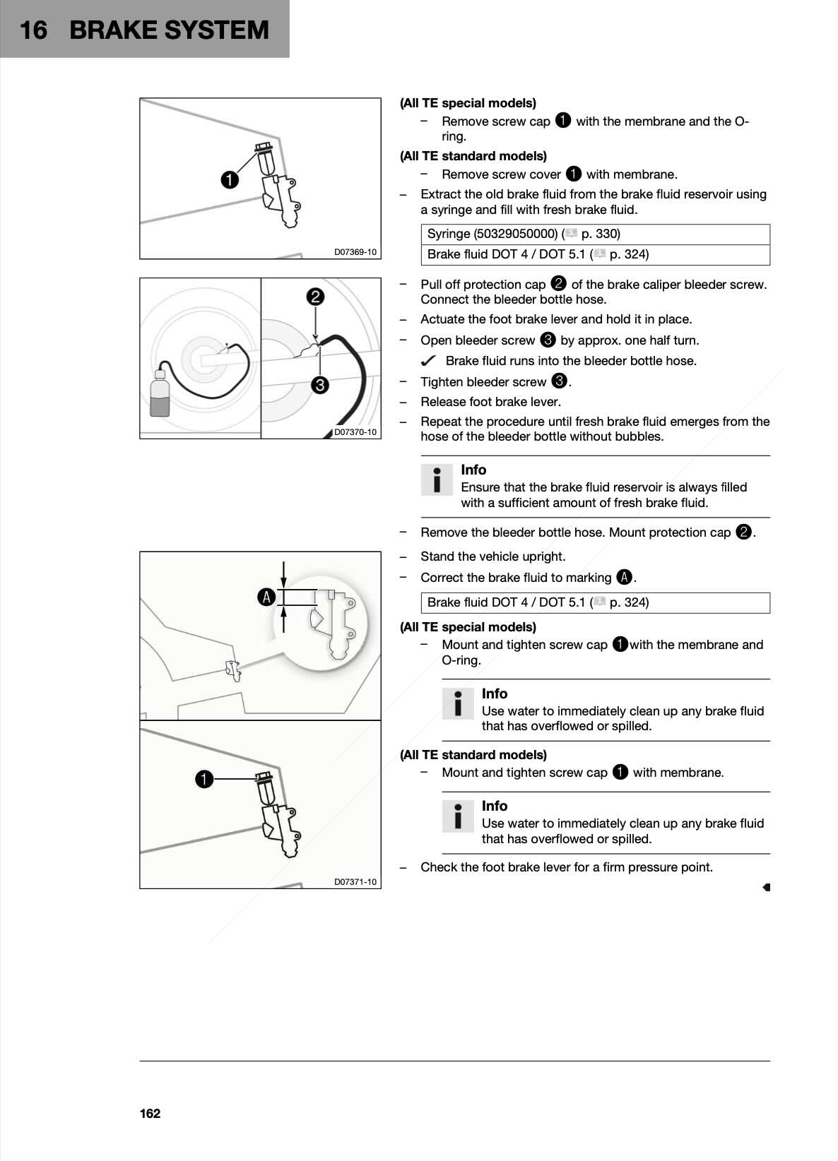 Husqvarna TE250 service manual page 162 brake fluid change and bleeding procedure diagrams