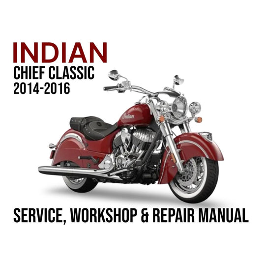 Red Indian Chief Classic motorcycle on a white background with text about service, workshop, and repair manual.