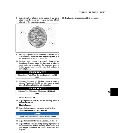 Technical manual page with text and diagrams on clutch and primary shift inspection.