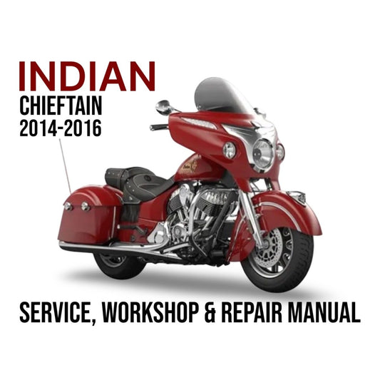 Red Indian Chieftain motorcycle with text about a service, workshop, and repair manual on a white background