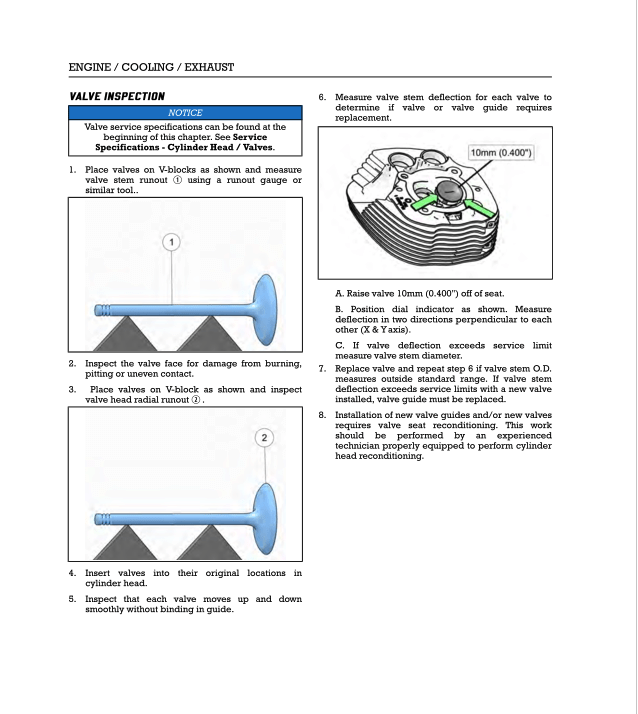 Technical manual page on valve inspection for engine cooling and exhaust systems.