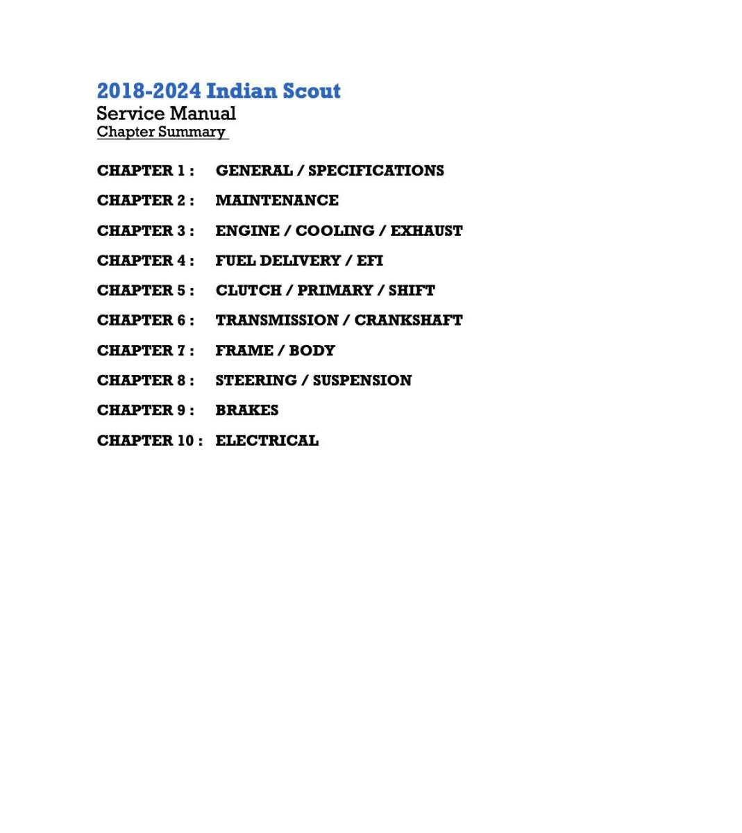 Table of contents for the 2018-2024 Indian Scout Service Manual on a white background.