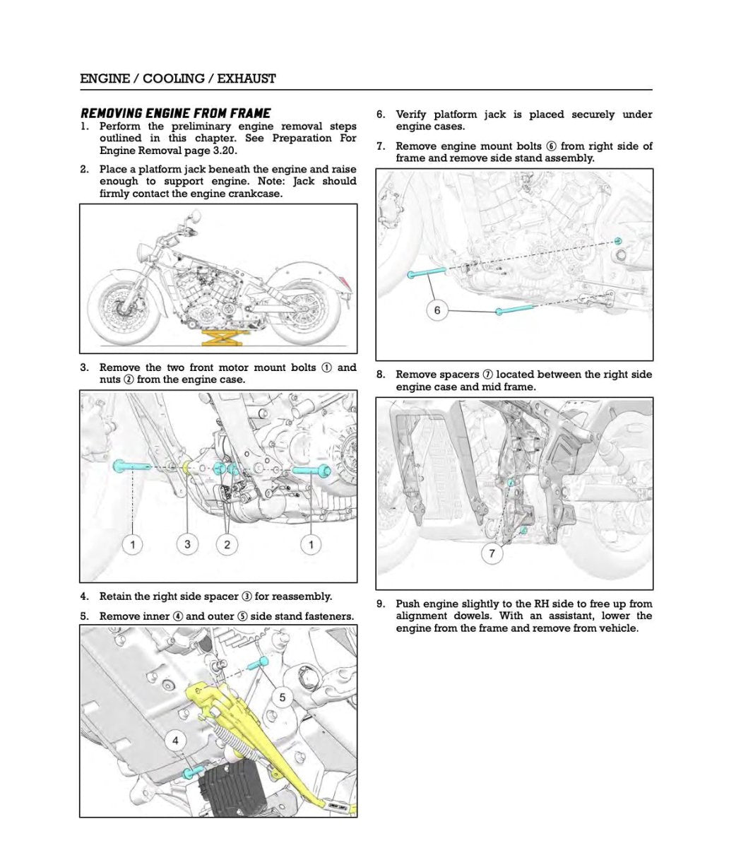 Technical diagram for removing an engine from a vehicle, with labeled steps and illustrations.