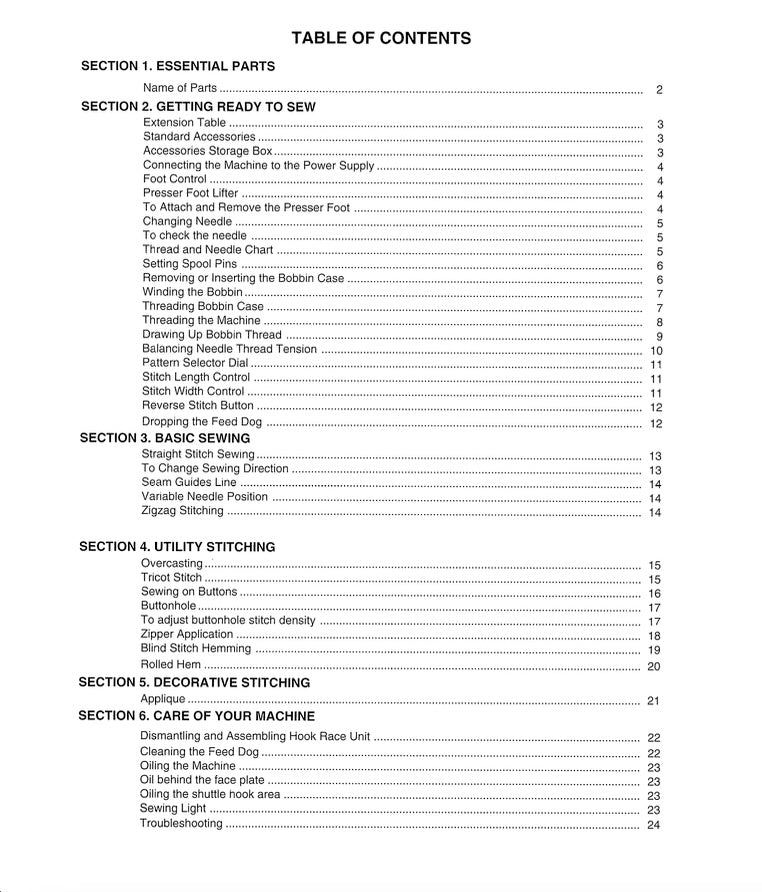 Table of contents for a sewing machine manual on a white background