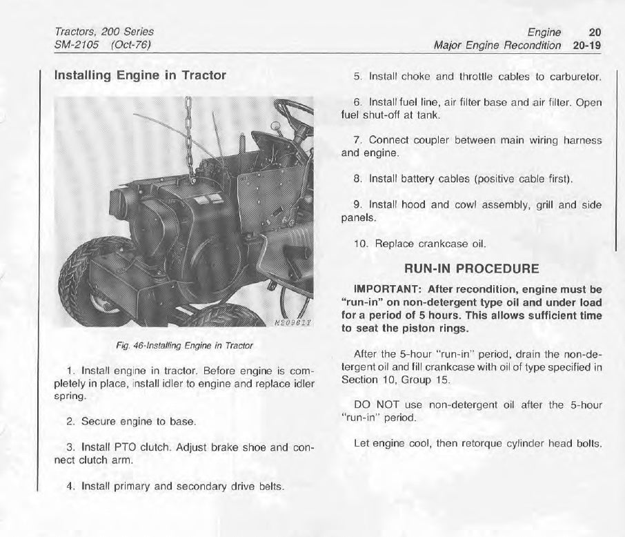 Instructions for installing an engine in a tractor with text and diagram on a white background.