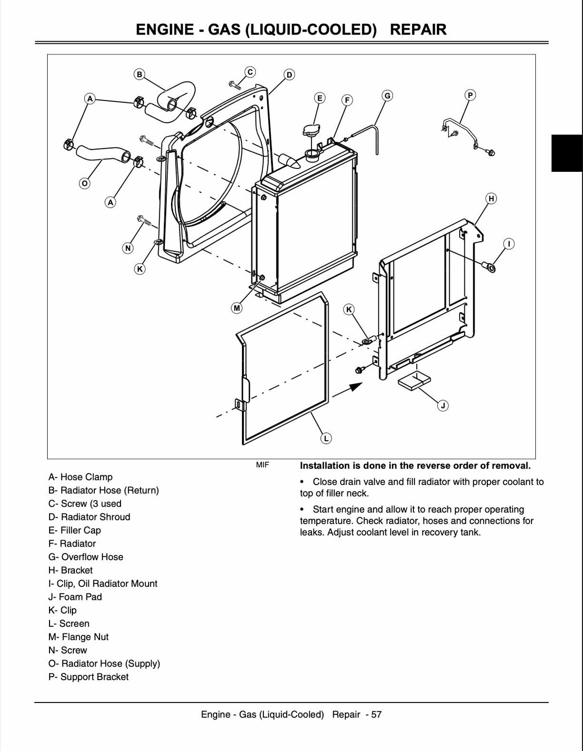 John Deere X700 X720 X724 X728 service manual page 57 engine gas liquid-cooled repair with radiator assembly exploded diagram showing hose clamps, radiator hose return and supply, filler cap, overflow hose, shroud, bracket, foam pad, screen, flange nut, and installation procedures