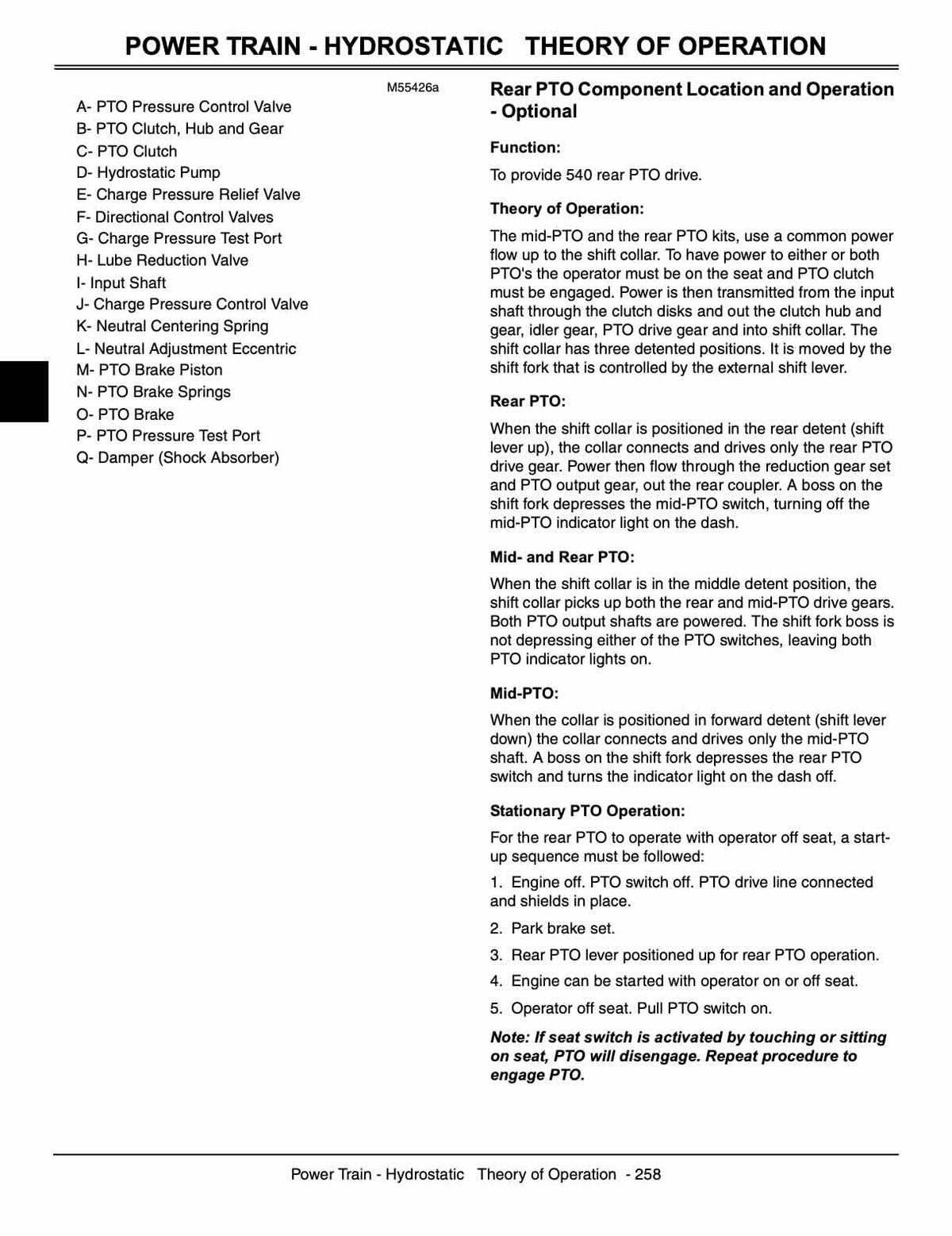 John Deere X700 X720 X724 X728 service manual page 258 power train hydrostatic theory of operation explaining PTO pressure control valve, clutch hub and gear, pump, directional control valves, rear PTO component location and operation with shift collar positioning and stationary PTO operation start-up sequence