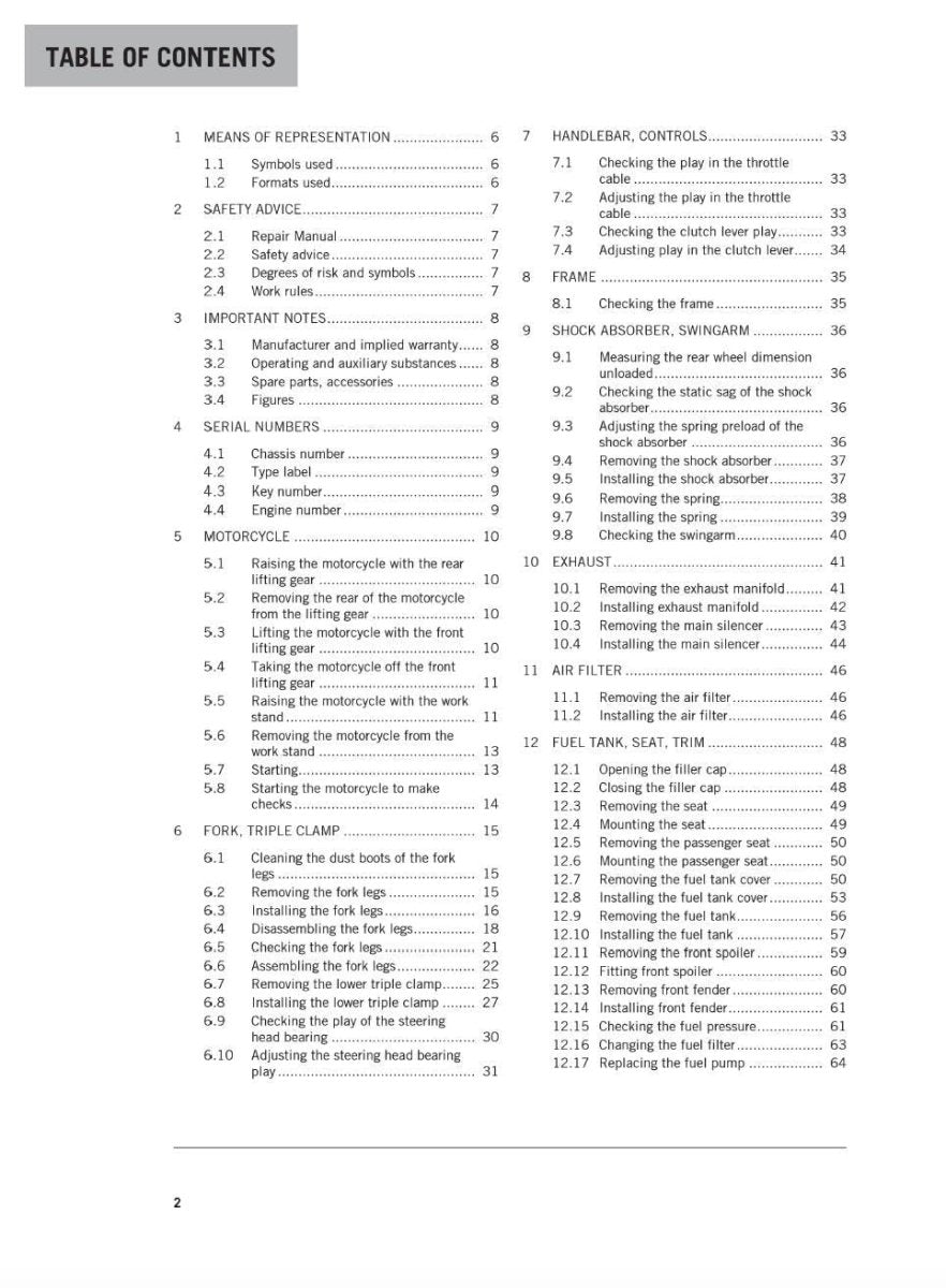 Table of contents for a manual or instructional guide on a white background