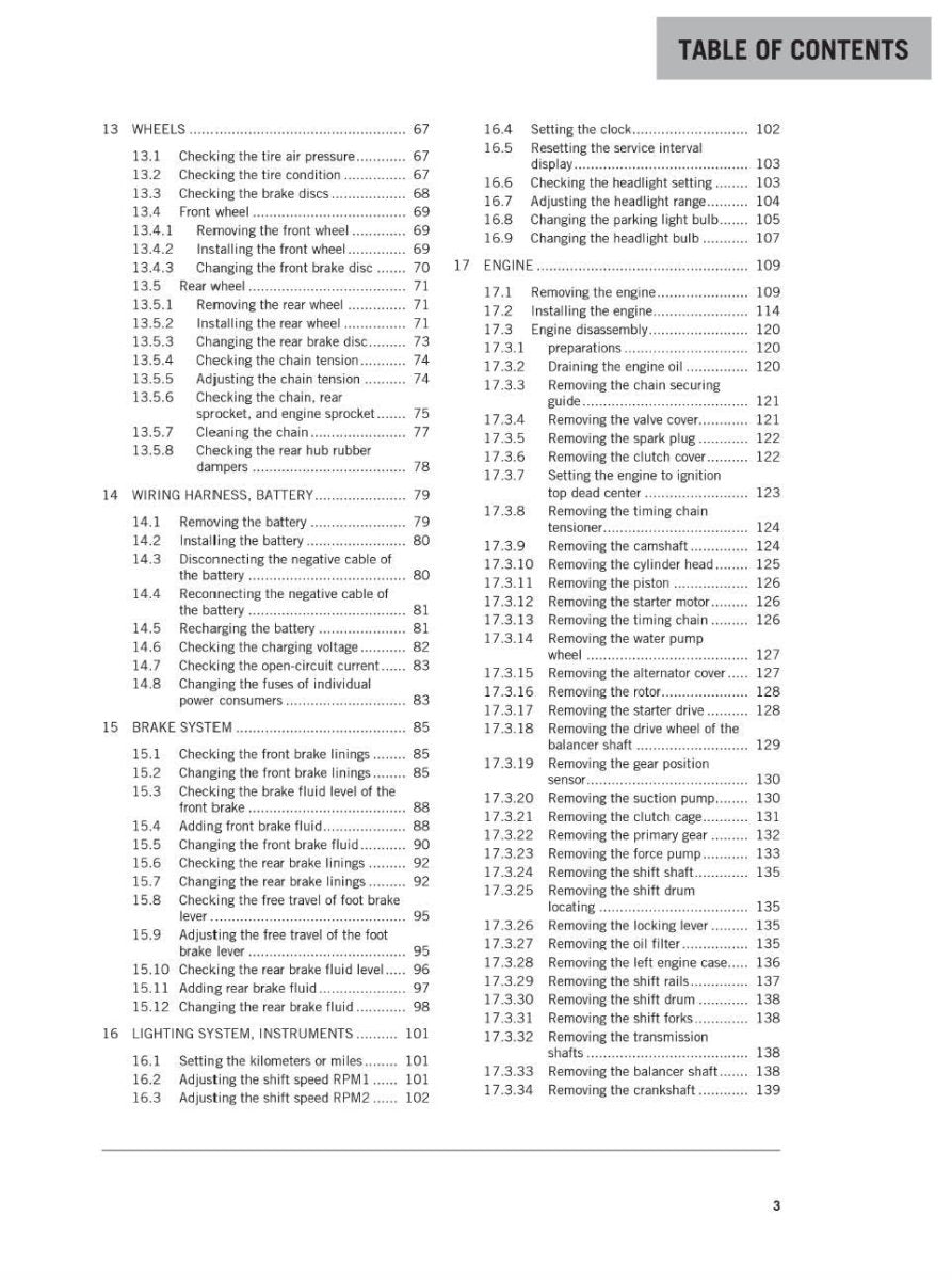 Table of contents for a vehicle maintenance manual on a white background