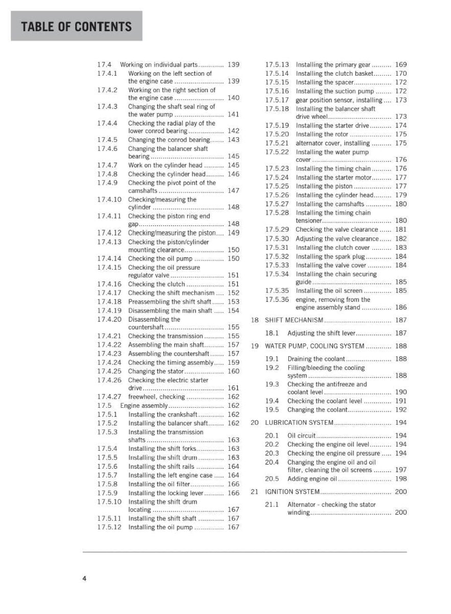 Table of contents for a technical manual on various components and their installation processes.