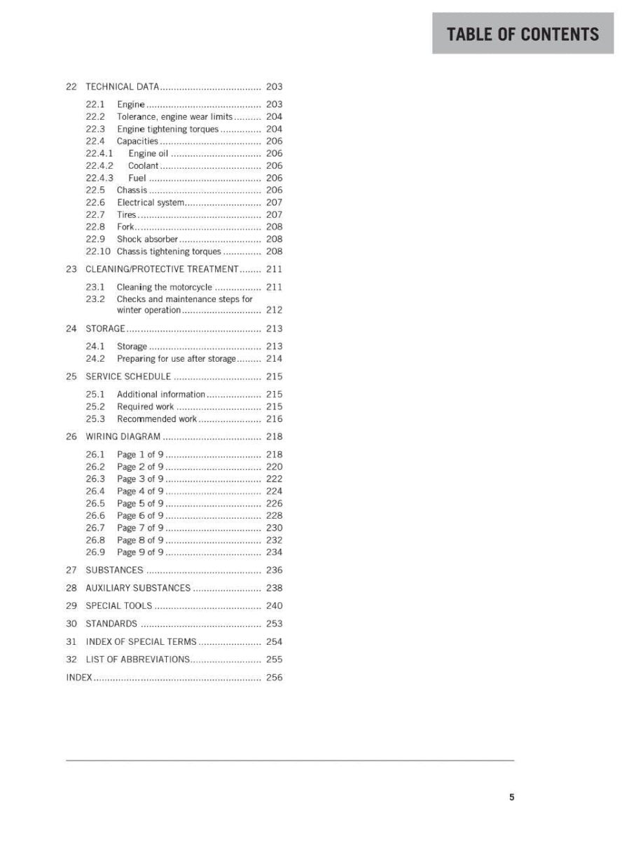 Table of contents for a technical manual on a white background