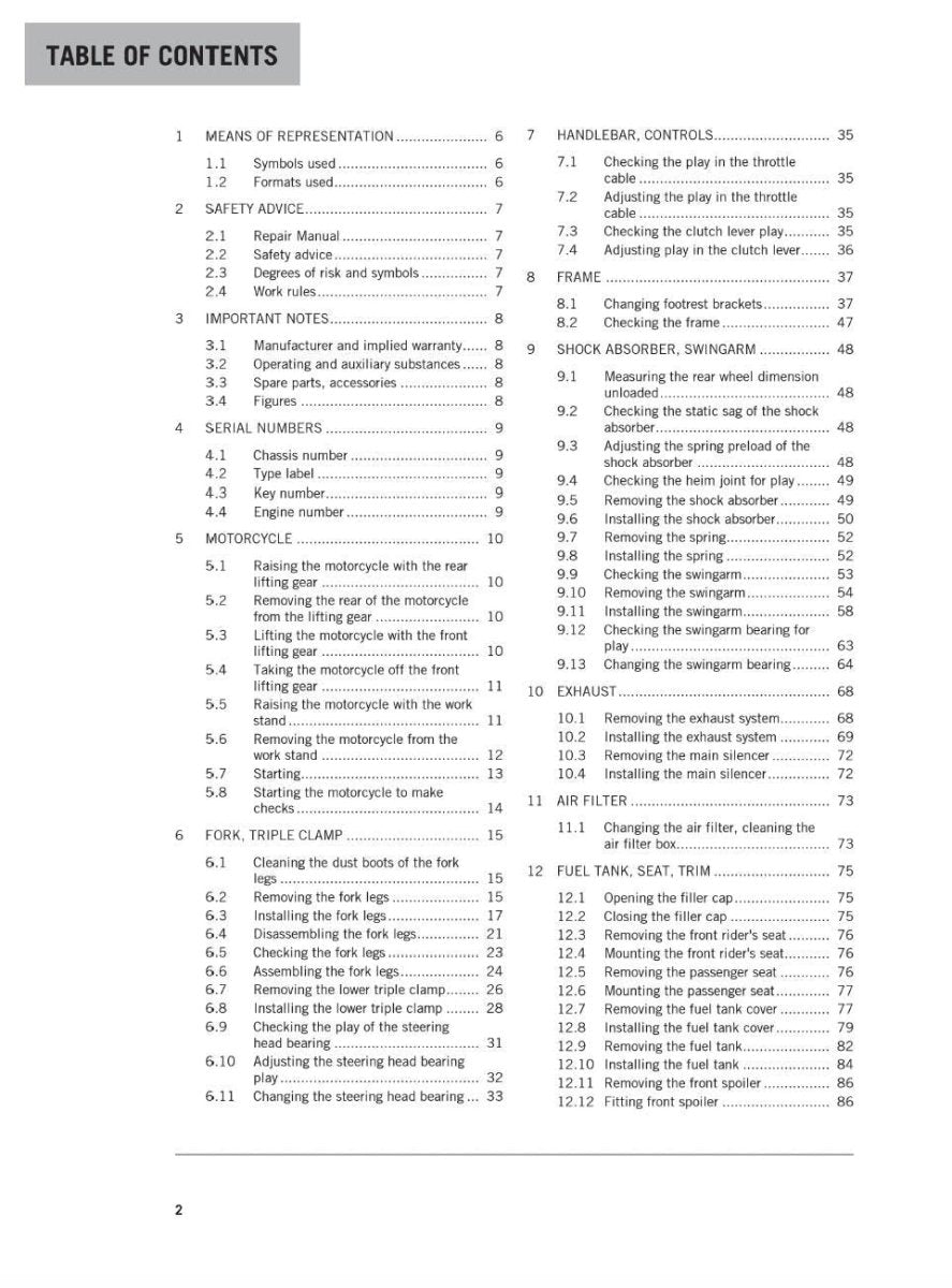 Table of contents for a manual or instructional guide on a white background