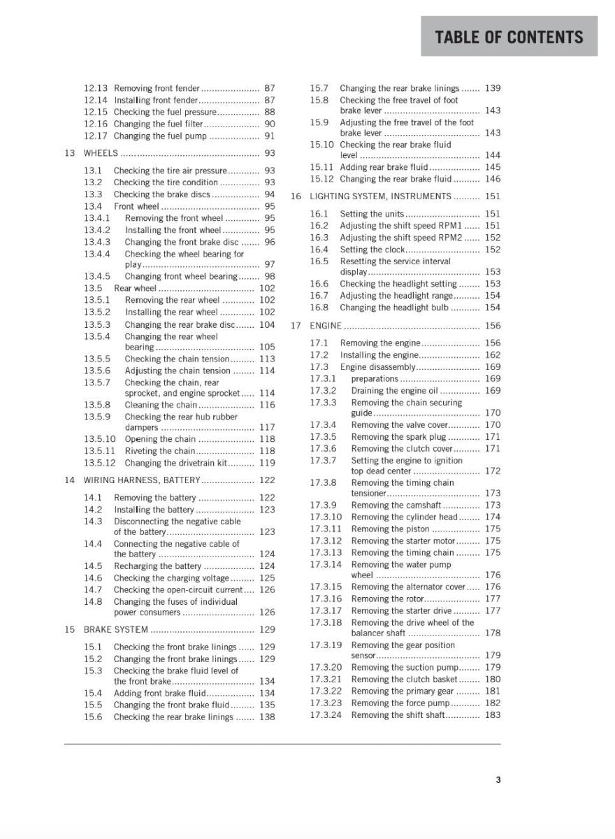 Table of contents for a vehicle maintenance manual on a white background