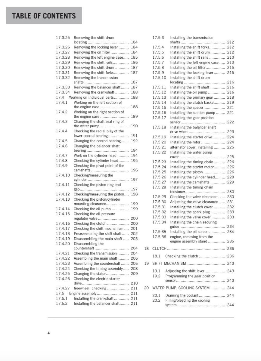 Table of contents for a technical manual on various engine components and their installation procedures.