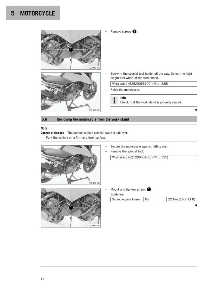 Page from a motorcycle repair manual showing step-by-step instructions.