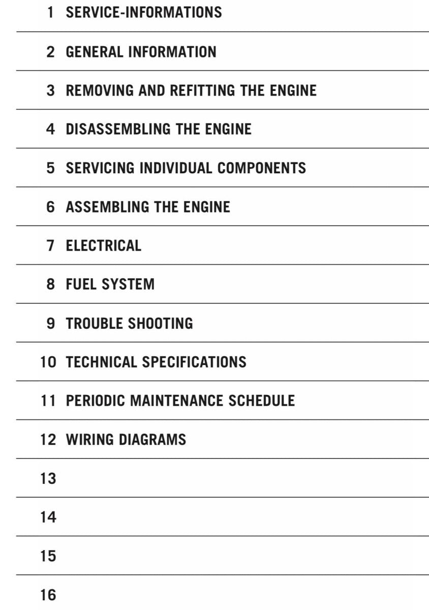 Table of contents for a technical manual on engine servicing and repair.