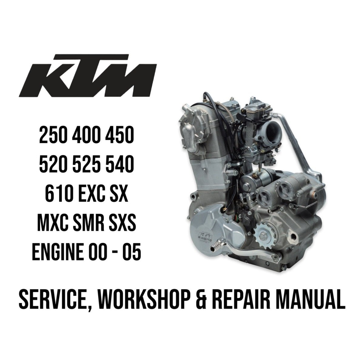 KTM engine with model numbers and text on a white background