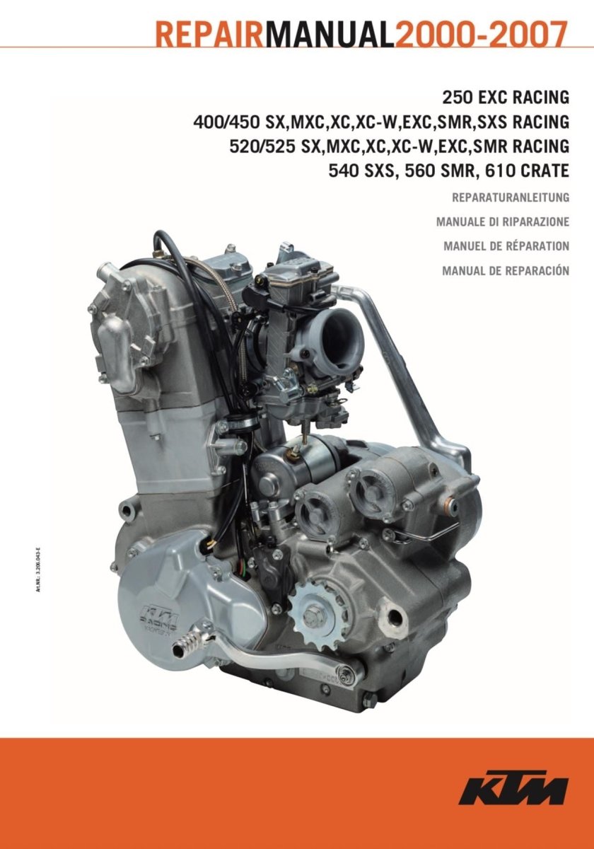 KTM repair manual cover with motorcycle engine on a white background