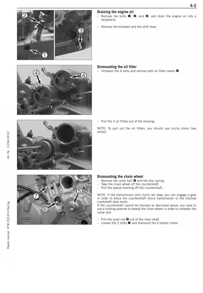 Technical manual page with step-by-step instructions on draining engine oil and disassembling components.