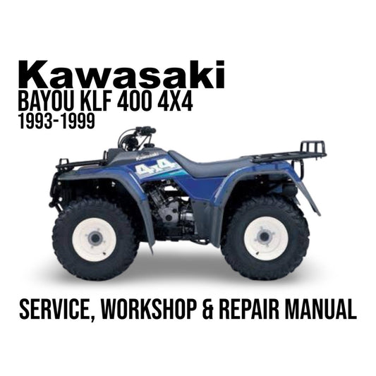 Kawasaki Bayou KLF 400 4X4 ATV with text about service, workshop, and repair manual on a white background
