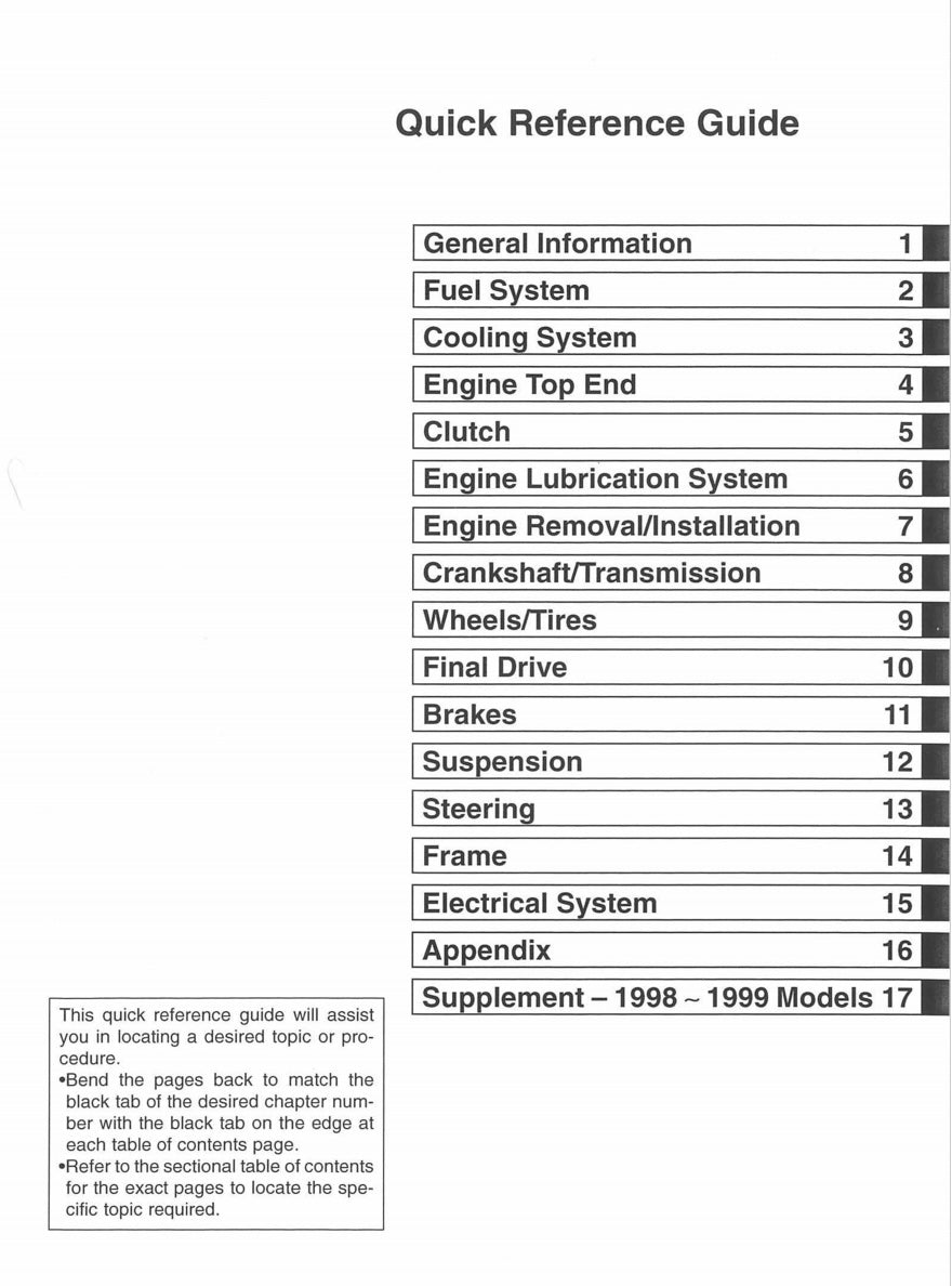 Table of contents for a quick reference guide on vehicle maintenance topics.