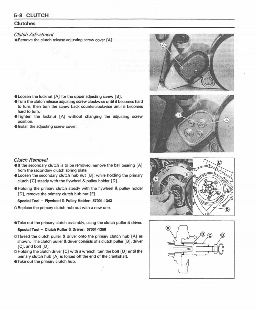 Technical manual page on clutch adjustment and removal with diagrams and text.