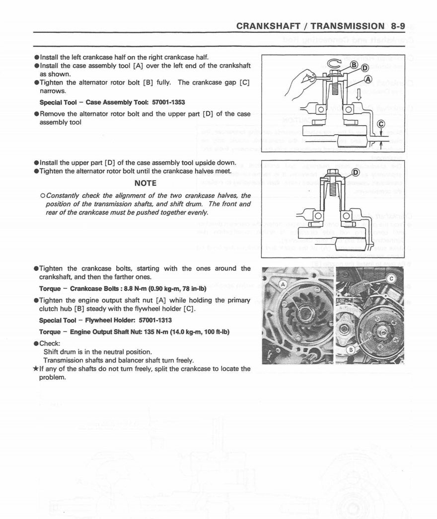 Technical manual page on crankshaft and transmission assembly with diagrams and text.