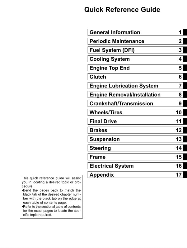 Table of contents for a quick reference guide on automotive maintenance topics.