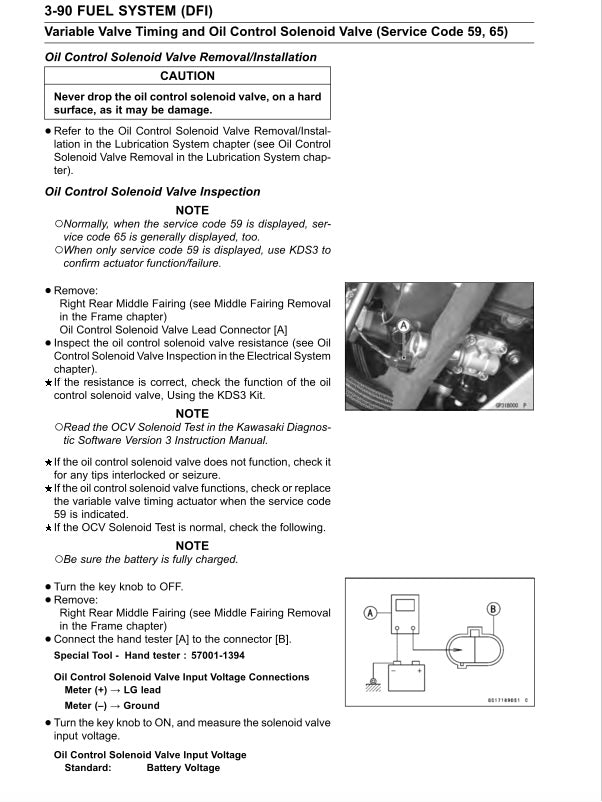 Technical manual page for oil control solenoid valve removal/installation with a diagram.