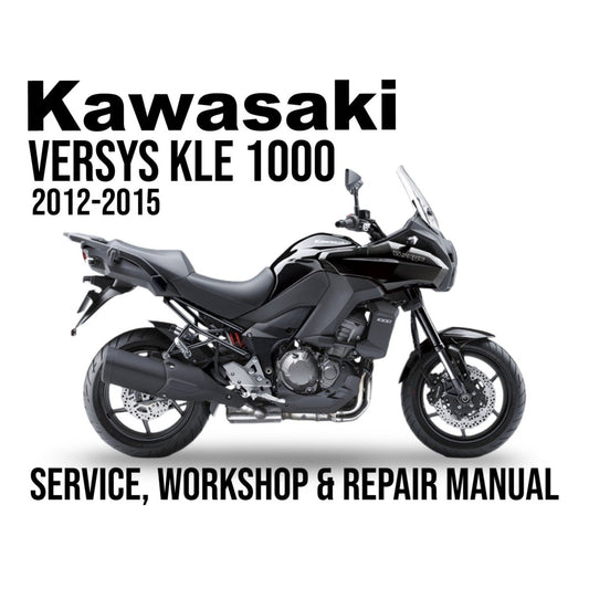 Kawasaki Versys KLE 1000 motorcycle on a white background with text about service, workshop, and repair manual.