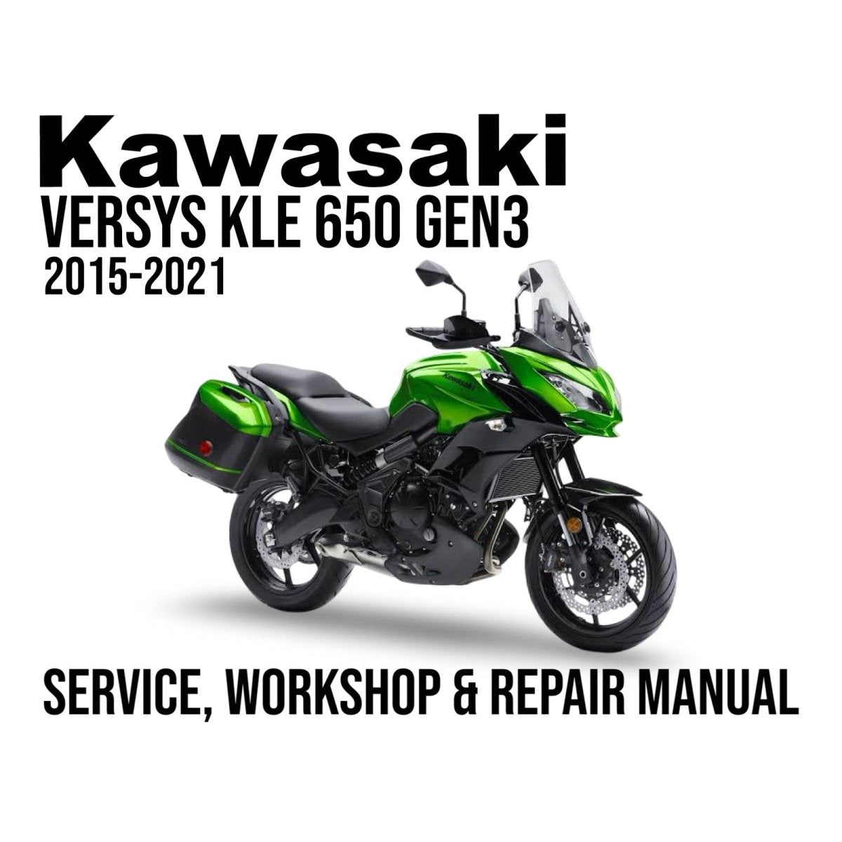 Kawasaki Versys KLE 650 Gen3 motorcycle on a white background with text about a service, workshop, and repair manual.