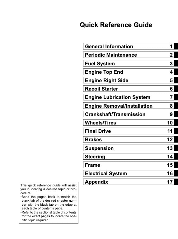 Table of contents for a quick reference guide on engine maintenance and repair.