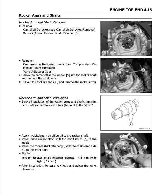 Technical manual page on engine top end with text and diagrams for rocker arm and shaft removal and installation.