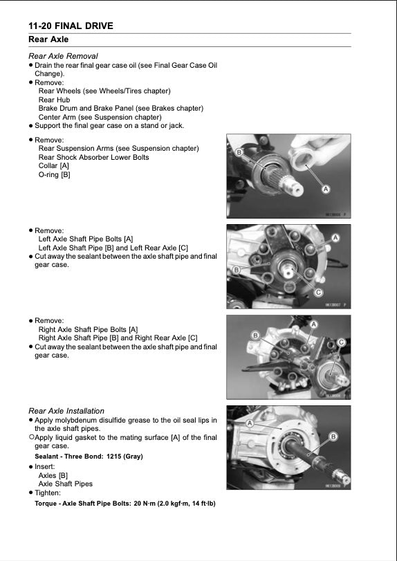Technical manual page for rear axle removal and installation with step-by-step instructions and diagrams.